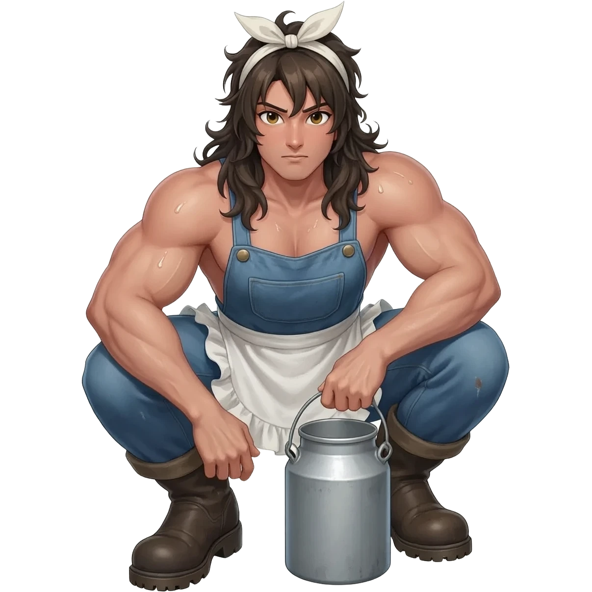 A buff muscular sweaty anime milkmaid in denim overalls and an apron,  in dirty boots, with a headscarf on her disheveled long hair, squatting with a milk can nearby. emoji