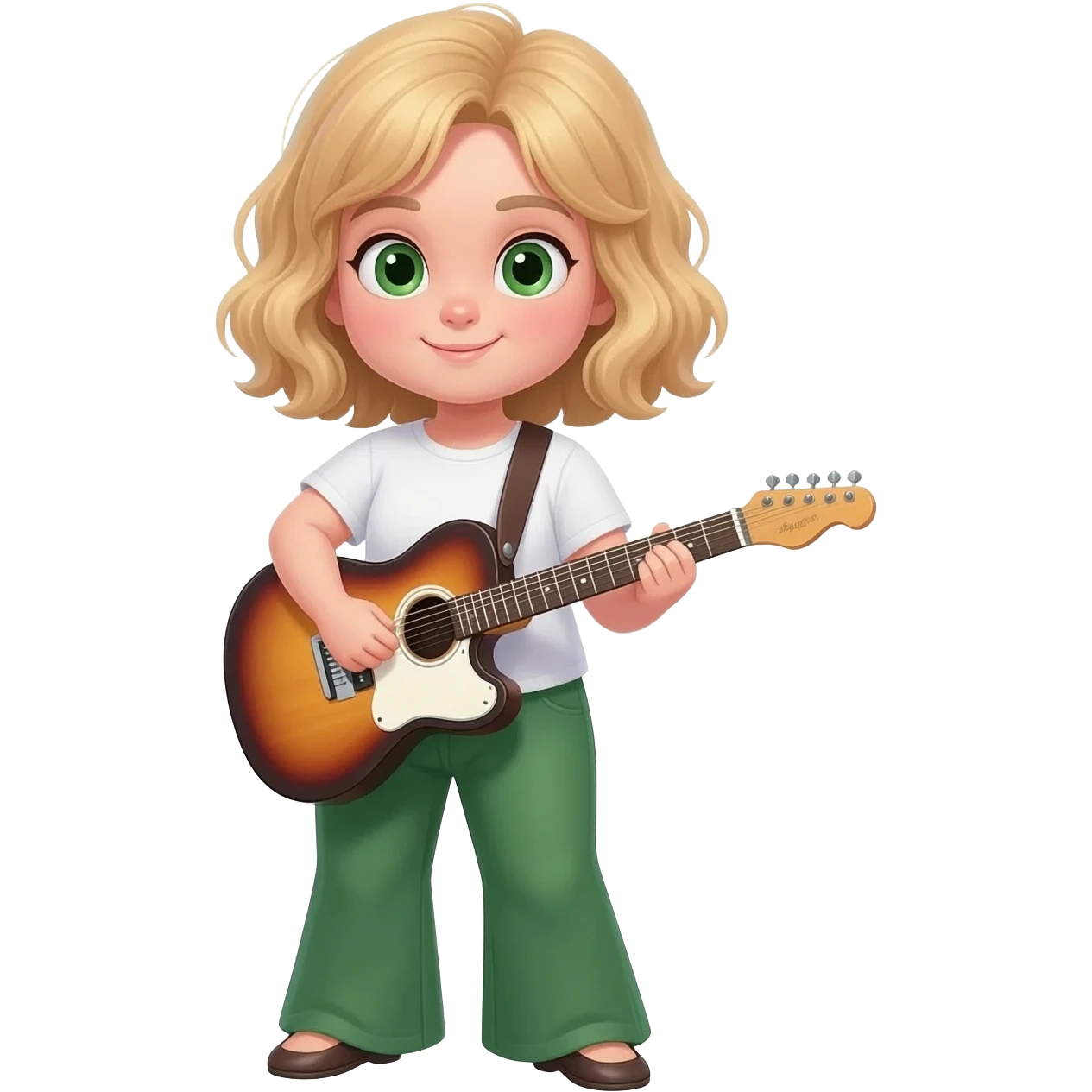 Young white girl with short chin length wavy blonde hair and green eyes.  She is short and chubby.  She is wearing flared green pants, flat shoes and a white T-shirt. She is playing a guitar. emoji