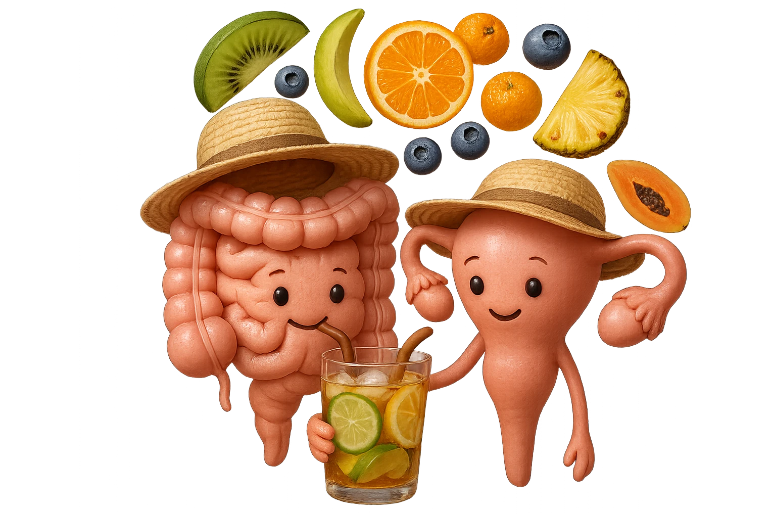 EMOJI STILE IPHONE DI INTESTINO E UTERO UMANI REALISTICI CON CAPPELLO DI PAGLIA DA SPIAGGIA CHE BEVE UN Tè FREDDO IN BICCHIERE DI VETRO CON DENTRO  fette di cetriolo, limone, lime, DIETRO L'INTESTINO FLUTTUANO PEZZETTI DI Kiwi
Banana acerba
Arance e mandarini
Mirtilli
Ananas
Papaya
IPERREALISTICO 4K emoji