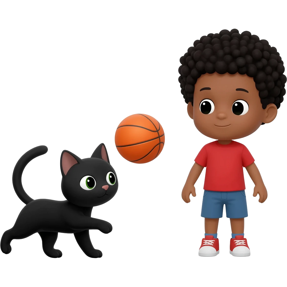 Black cat playing with orange basketball and a little boy with curly black hair emoji