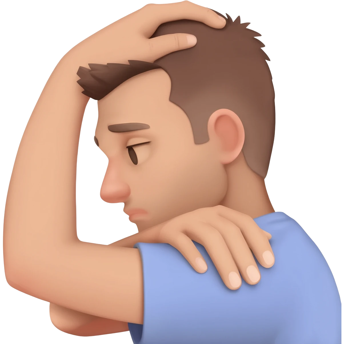 A man who is depressed with his left arm draped over the top of his head so the inside of his left elbow is on the very top of his head where hair grows from and his left hand is touching his right shoulder emoji