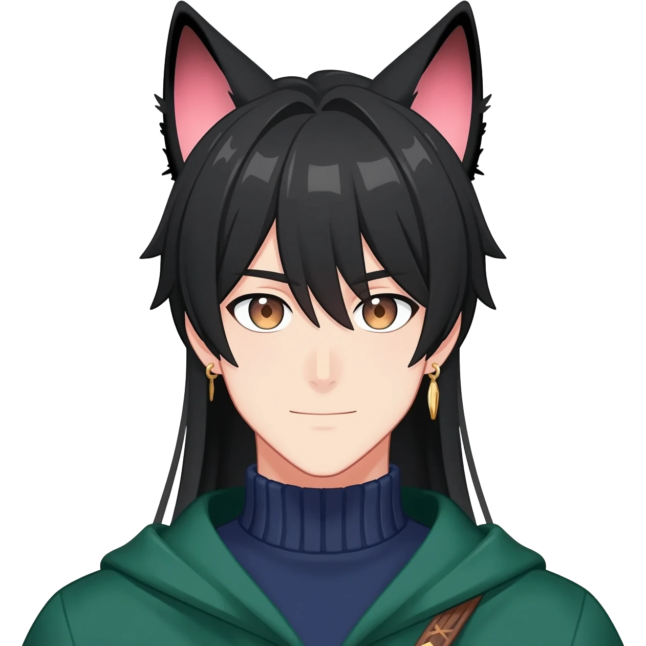 Tighnari from Genshin Impact; anime man with long-straight-dark-black hair, long black fox ears with pink Scapha, colorful-gradient-brown-turquoise eyes, gold earring, dark-blue-sweater, green cape, white pupils emoji