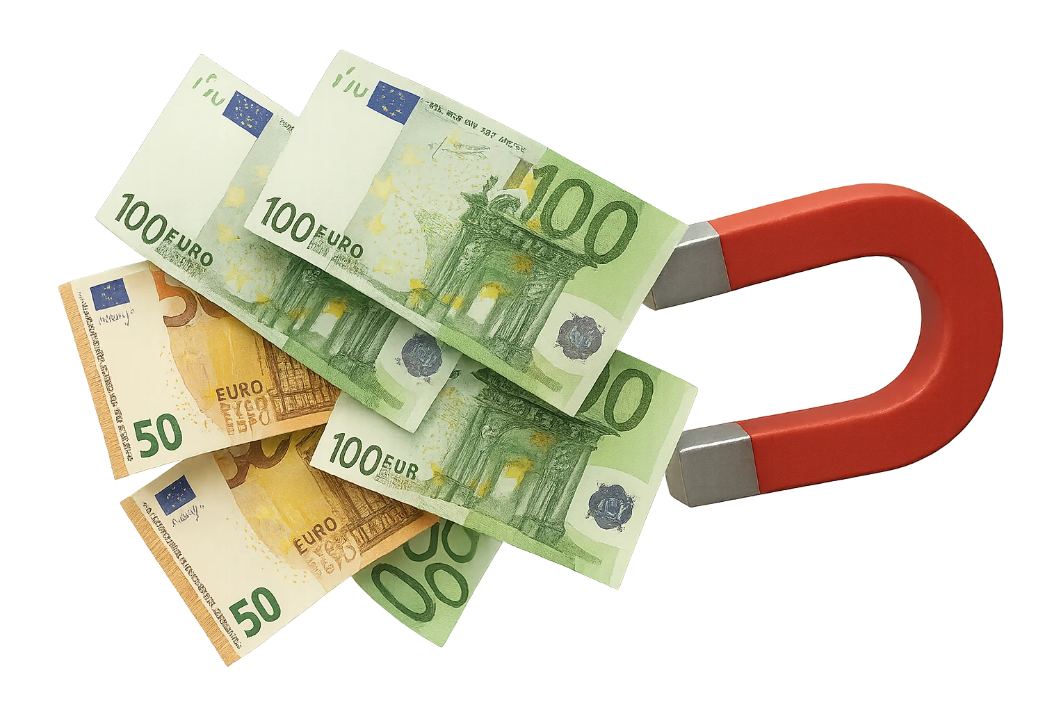banconote di euro fluttuano vicino ad una calamita rossa, sono attratte, iperrealistico 4k emoji