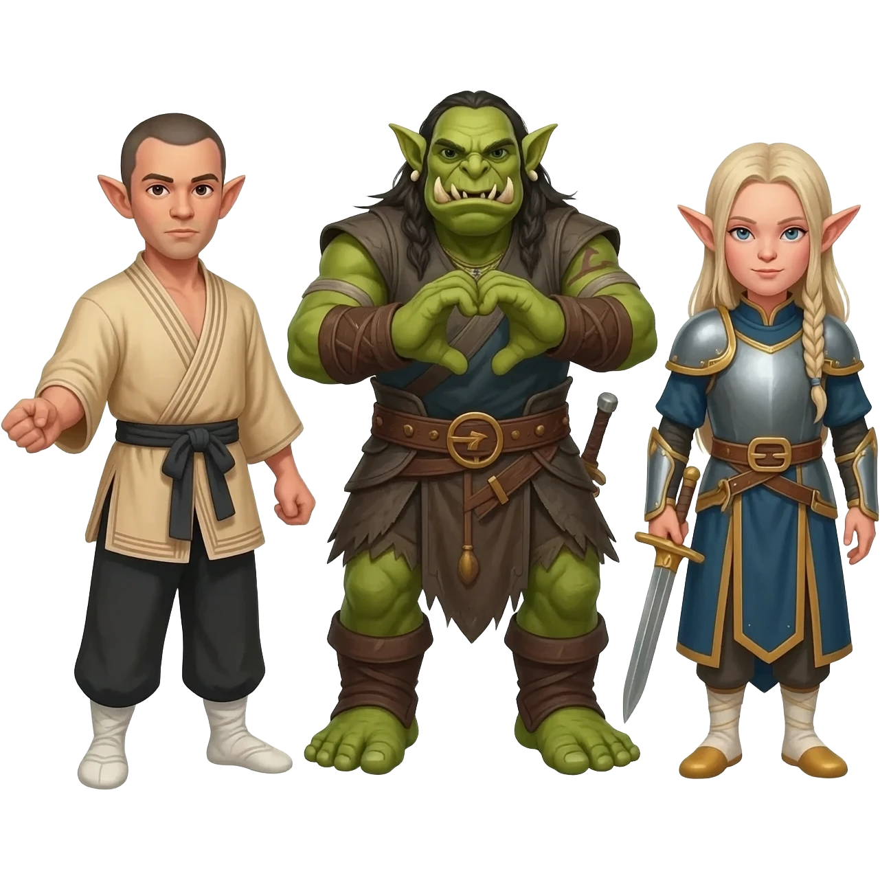 A elf kungfu master, a orc shaman, and a elf paladin group emoji