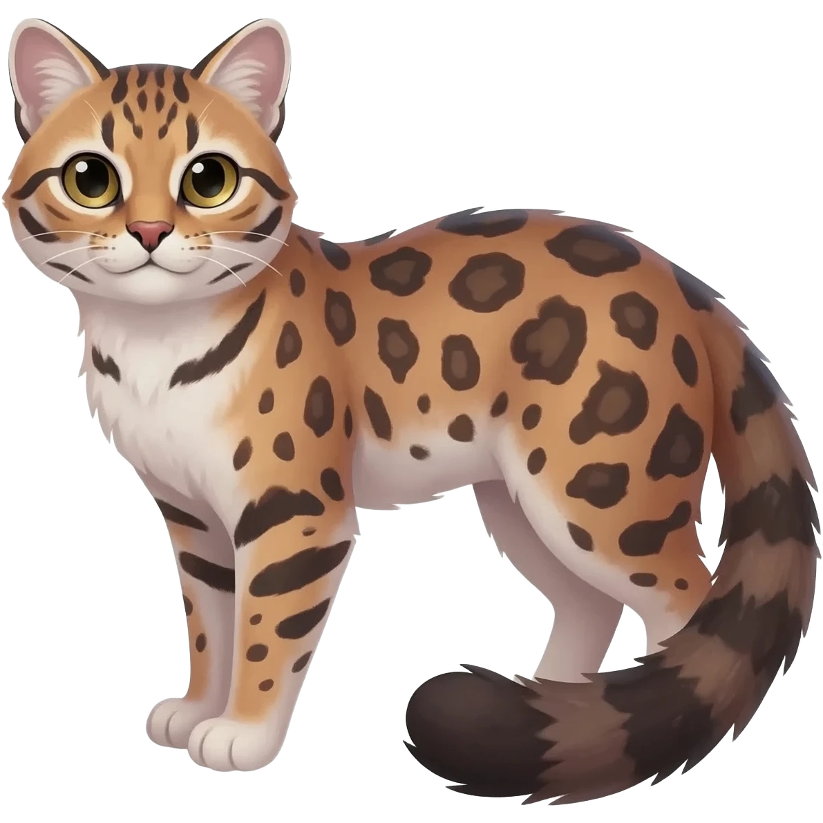 Realistic colorful shiny glossy smooth whitish pastel dusky dark gloomy wild natural elegant lifelike Pallas-cat-ocicat-ocelot-Rusty-spotted-cat-fusion-hybrid-animal-creature, full body, hyper-realism emoji