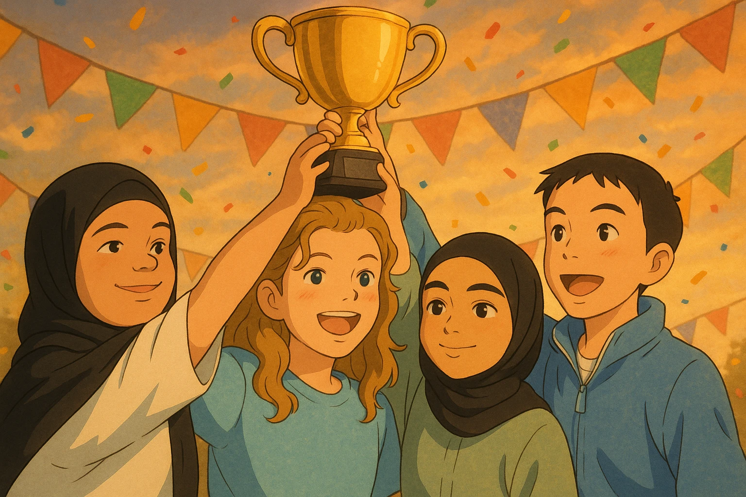 Illustration style Ghibli: The four students shown in the photos, gathered together and lifting a trophy together, warm atmosphere, soft lighting, festive background. emoji