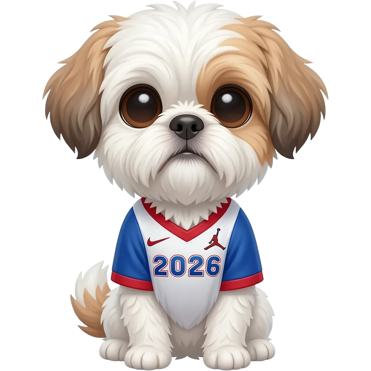 white and light brown shih zhu wearing a Jordan soccer jersey v neck 2026 work cup emoji