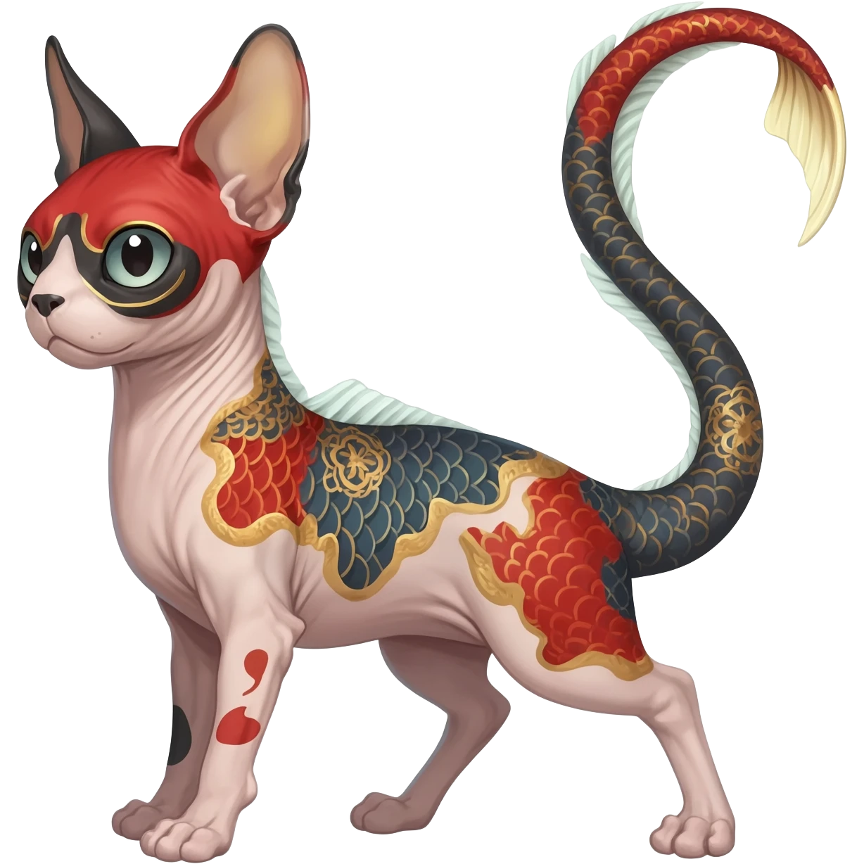 Hyper-realistic cute Japanese oriental Asian Edgy badass swimmy wet painted intricate ornate Japanese Asian koi-Minccino-Lykoi-Emolga-Sphynx-Linoone-Zangoose-fusion-hybrid-animal-Fakémon-creature, full body, thin long sleek scaly tail, intricate markings emoji