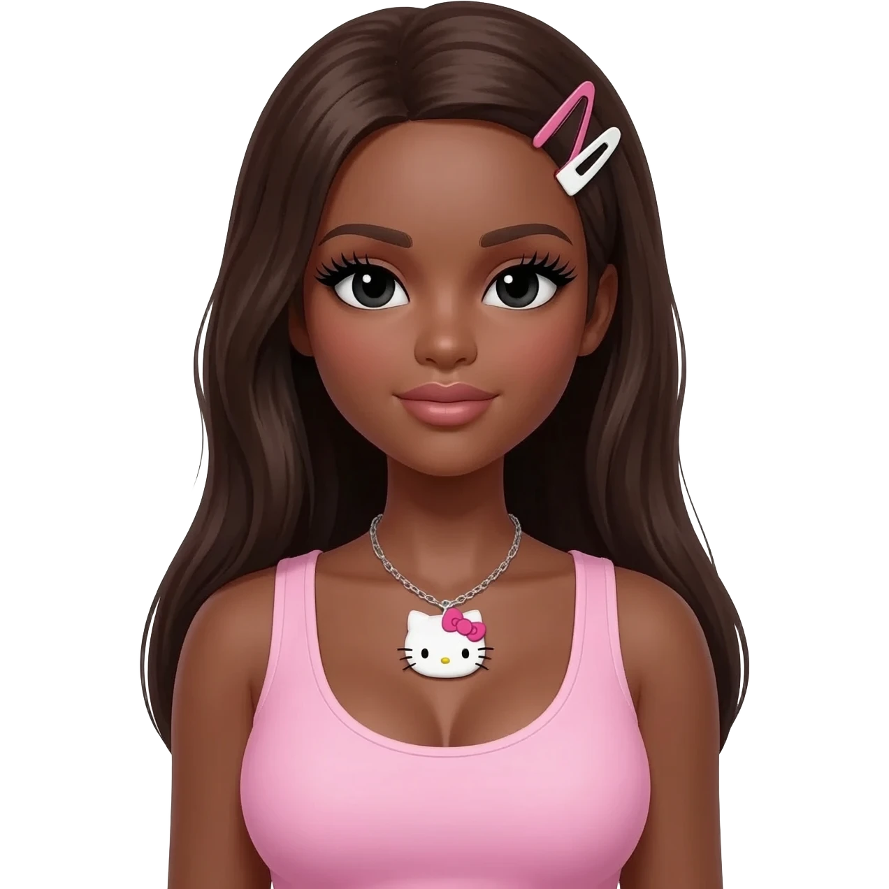 Long giant lashes, my melody and my sweet piano hairclip, Doll faced shaped, hello kitty necklace, bimbo, black doll eyes, barbie, dark brown skin with long dark brown hair, light pink bimbo sleeveless shirt big breast emoji