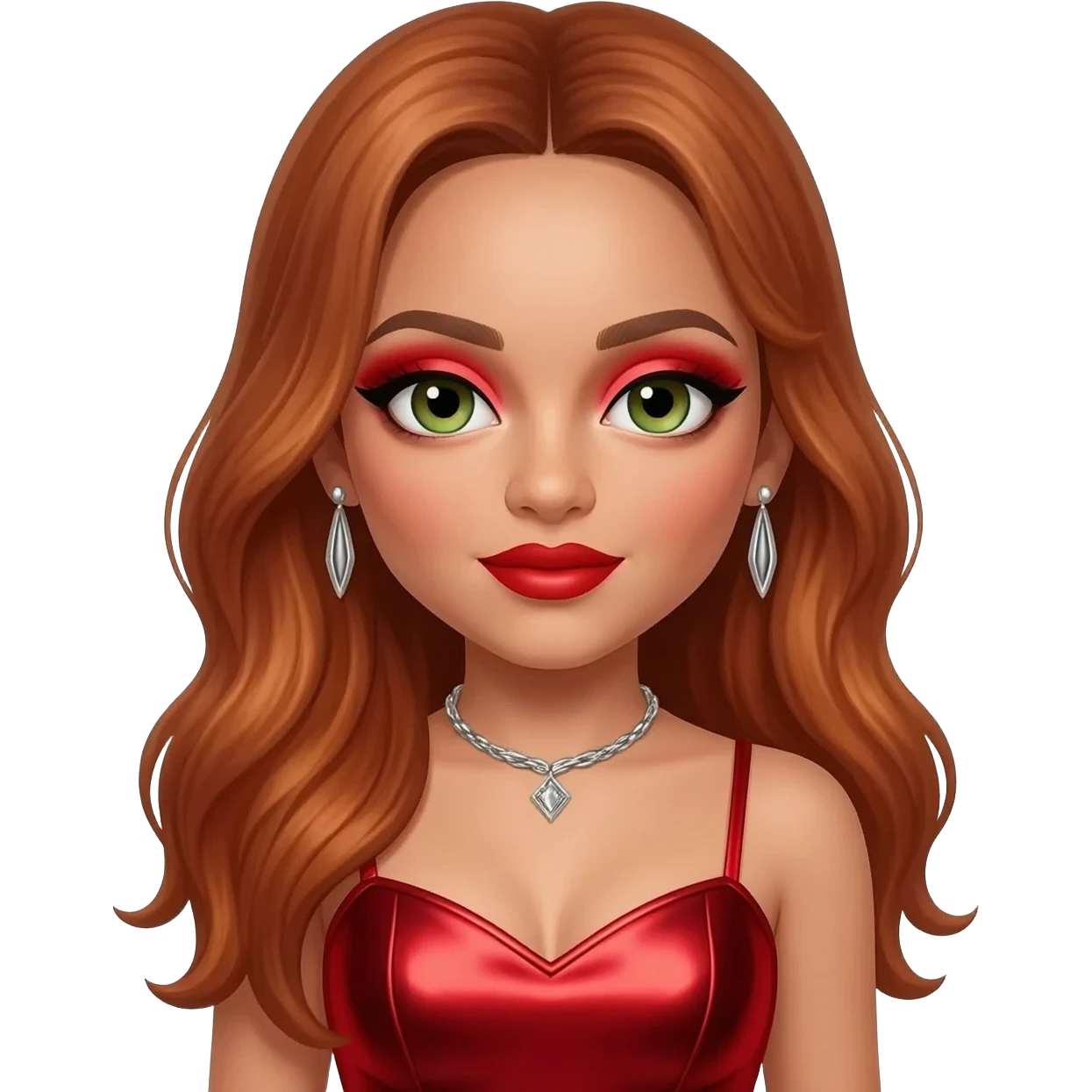 from Little Mix with hazel-green eyes, long copper hair, red eyeshadow and lipstick, red metallic sweetheart dress, silver necklace with earrings emoji