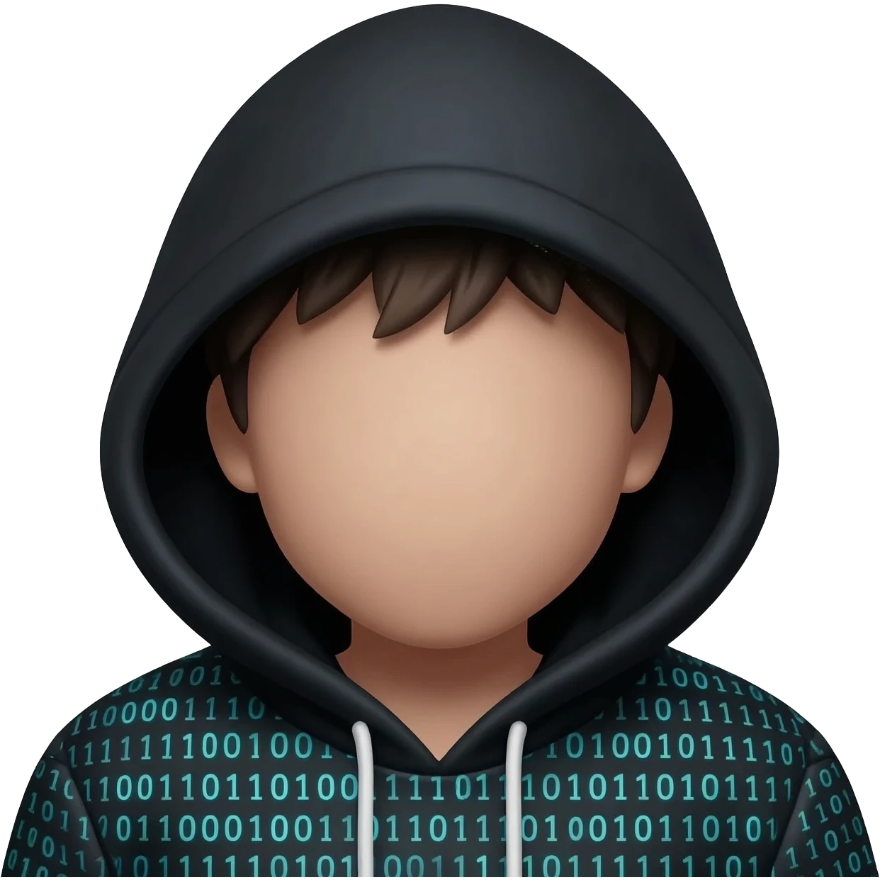 Binary system and "hacker" look, wearing a black hoodie with the hood over the head, hide the hair under the hood so it's not visible at all,  visible face with no masks or hair. emoji