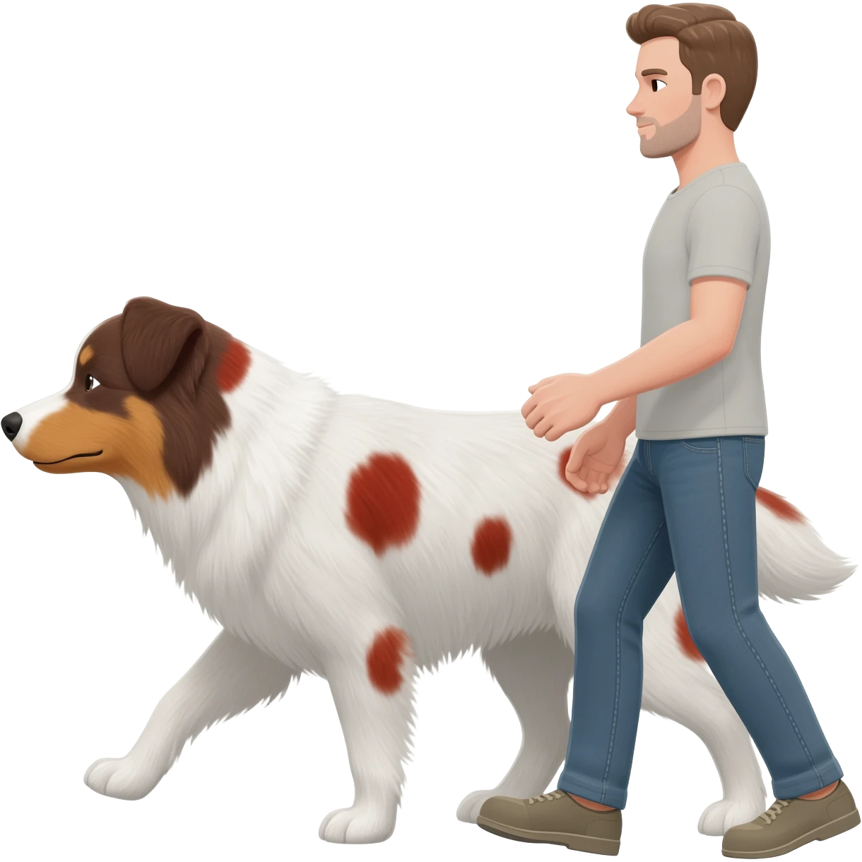 A man dog walker with an Aussie white with red and brown staines emoji
