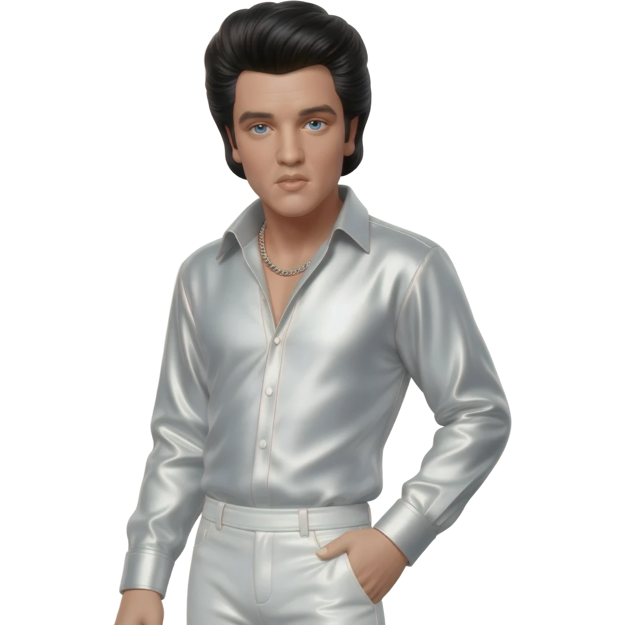 Elvis Presley with blue eyes, black hair, white metallic shirt, white metallic baggy pants, silver necklace emoji