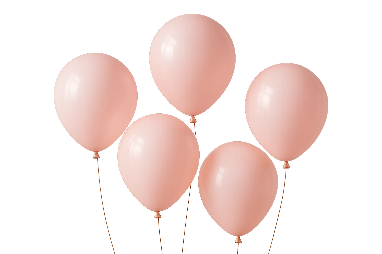 5 palloncini rosa fluttuano in aria isolati su sfondo bianco, iperrealistico 4k emoji