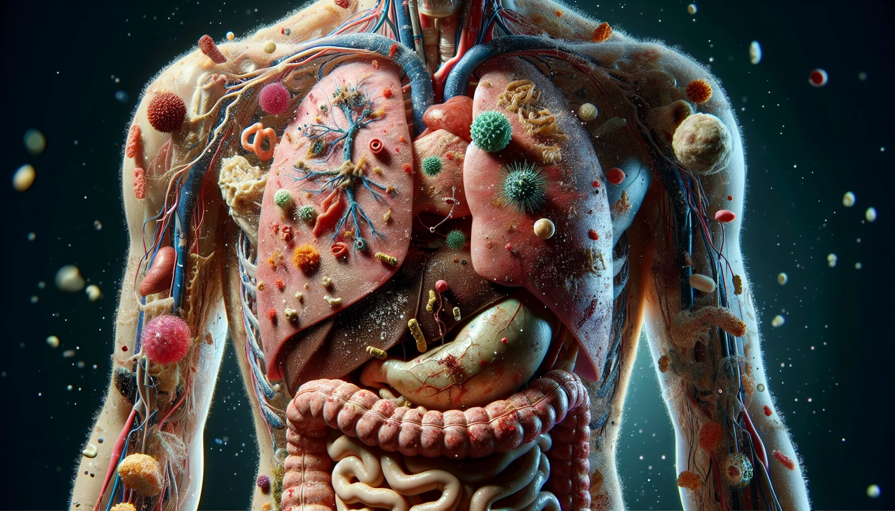 corpo umano anatomico che accumula tossine e virus e malattie nel corpo , iperrealistico 4k emoji