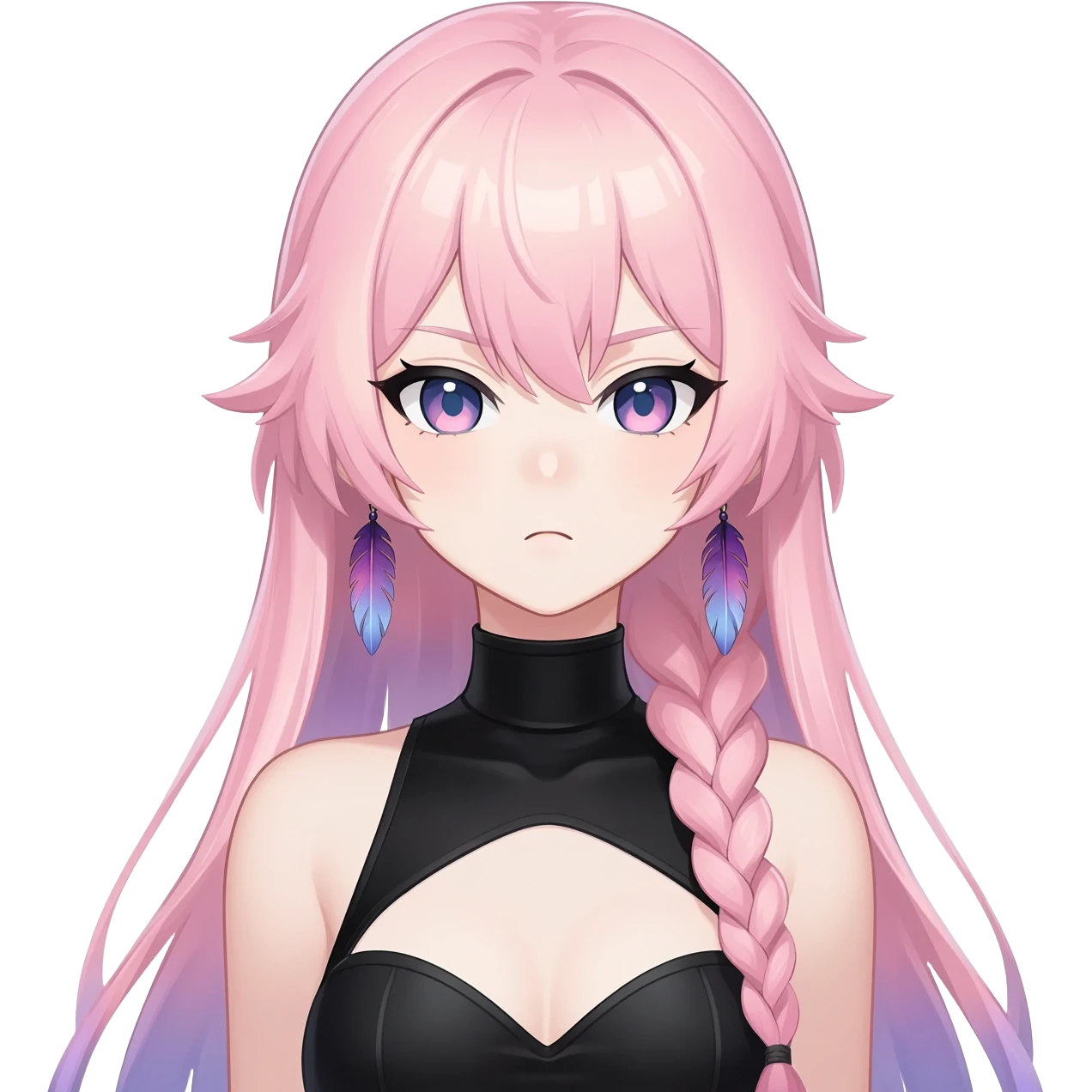 Citlali from Genshin Impact; Gorgeous beautiful pretty grumpy anime lady long-pale-whitish-pastel-pink-hair with one braid on each side, hanging gradient-purple-pink feather-ear-cuffs on each side in hair, black bodysuit covering neck, blue eyes, pink iris, ethereal, fashion aesthetic  emoji