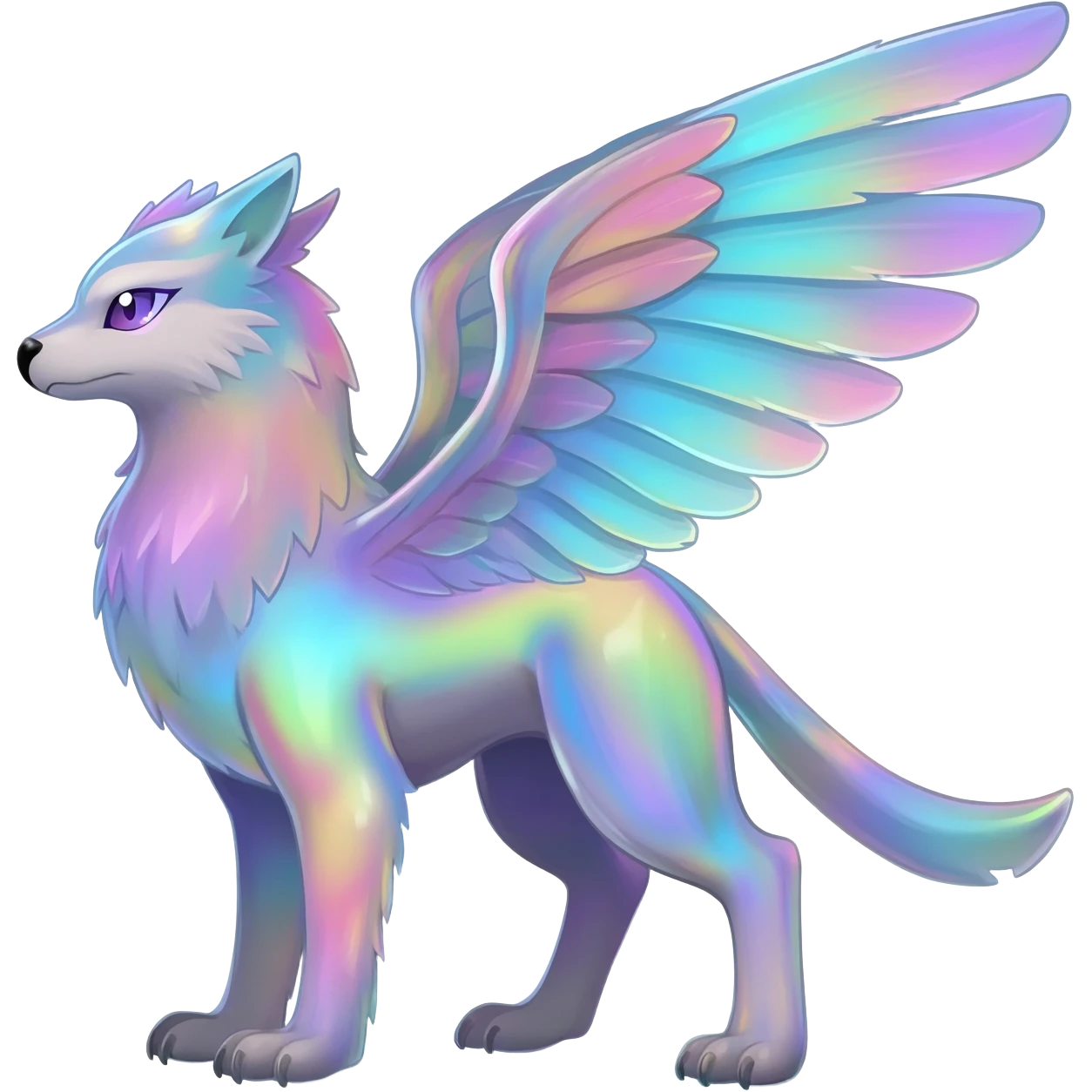 Colorful iridescent whitish pastelish luminescent angelic divine shiny sparkly glittery Gryphon-Trico-Sergal-Furret-Ferret-Wolverine-Vernid-fusion-Fakemon-animal-hybrid-creature, full body emoji