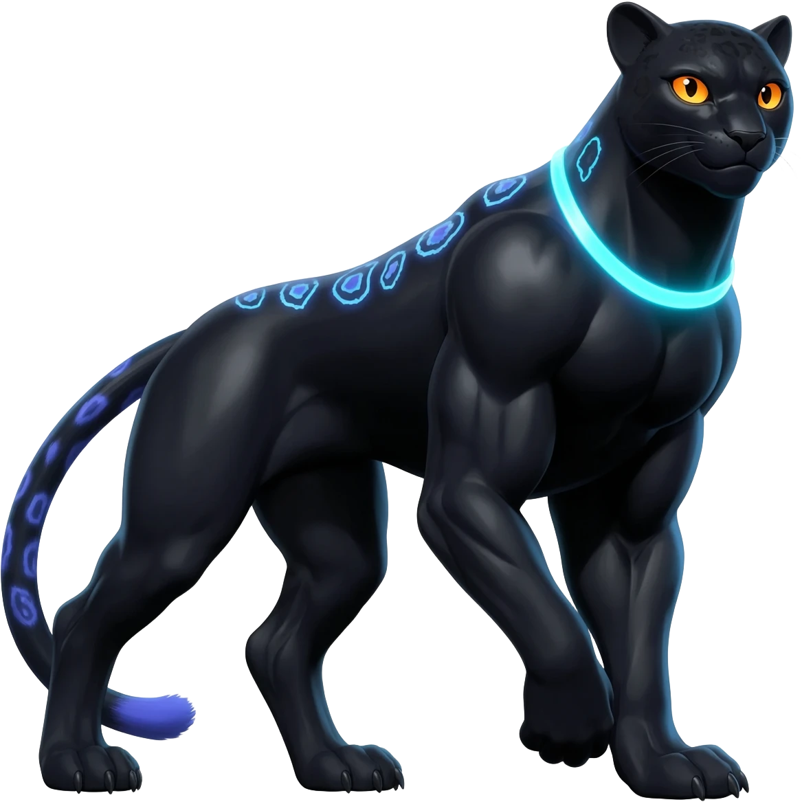 Realistic Obsidian-pitch-black fur body with neon-glowing-blue ring-markings Grem2-Gremz-serval-panther-Sergal-fusion, full body  emoji