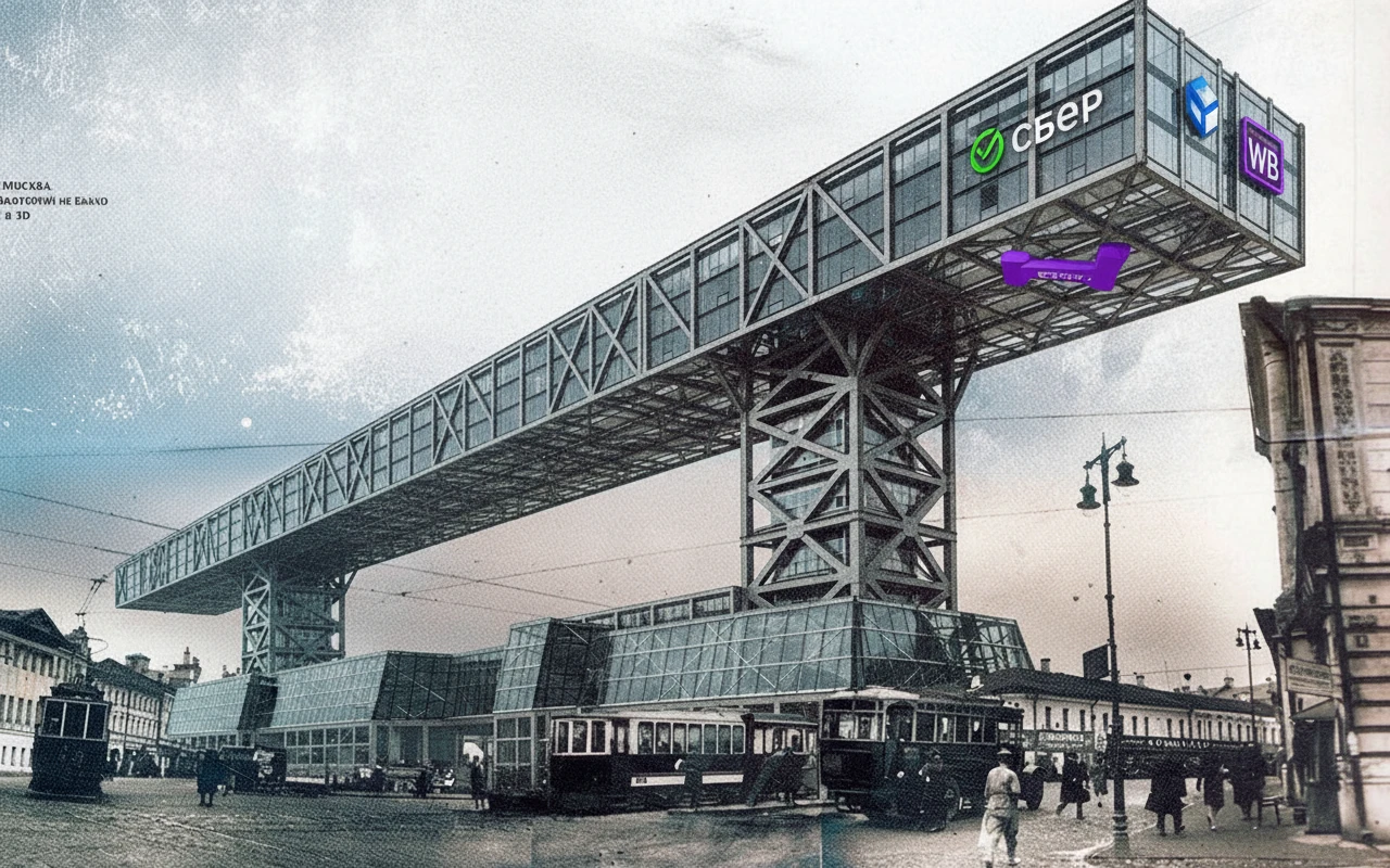 Стилизуй этот горизонтальный небоскреб под стиль Москва-Сити. Сделай его более конструктивистским, пусть он будет длиннее (сама верхняя горизонтальная часть). Добавь на нее логотипы Сбера, ВТ и WB

Прозрачный фон emoji