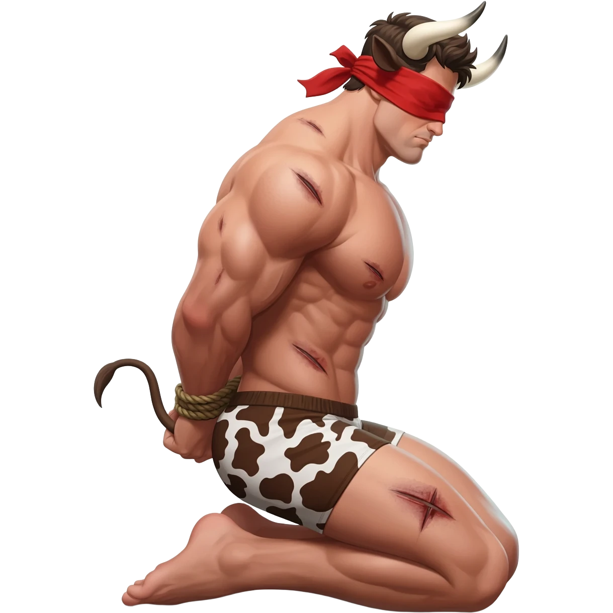 handsome extra large muscular man covered with scars with large breasts with bull horns and cow ears and bull tail with red blindfold dressed in thongs with brown cow print sits on his knees with hands tied behind the bback side view emoji