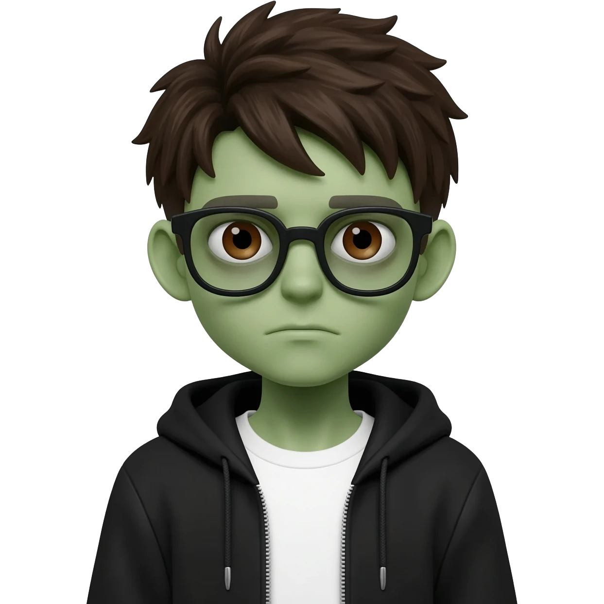 zombie boy with white tshirt and black brownish hair and with black glasses frames on hair is texturized young boy and round face more green face and dark brown eyes black y2k hoodie with the white t-shirt under it emoji
