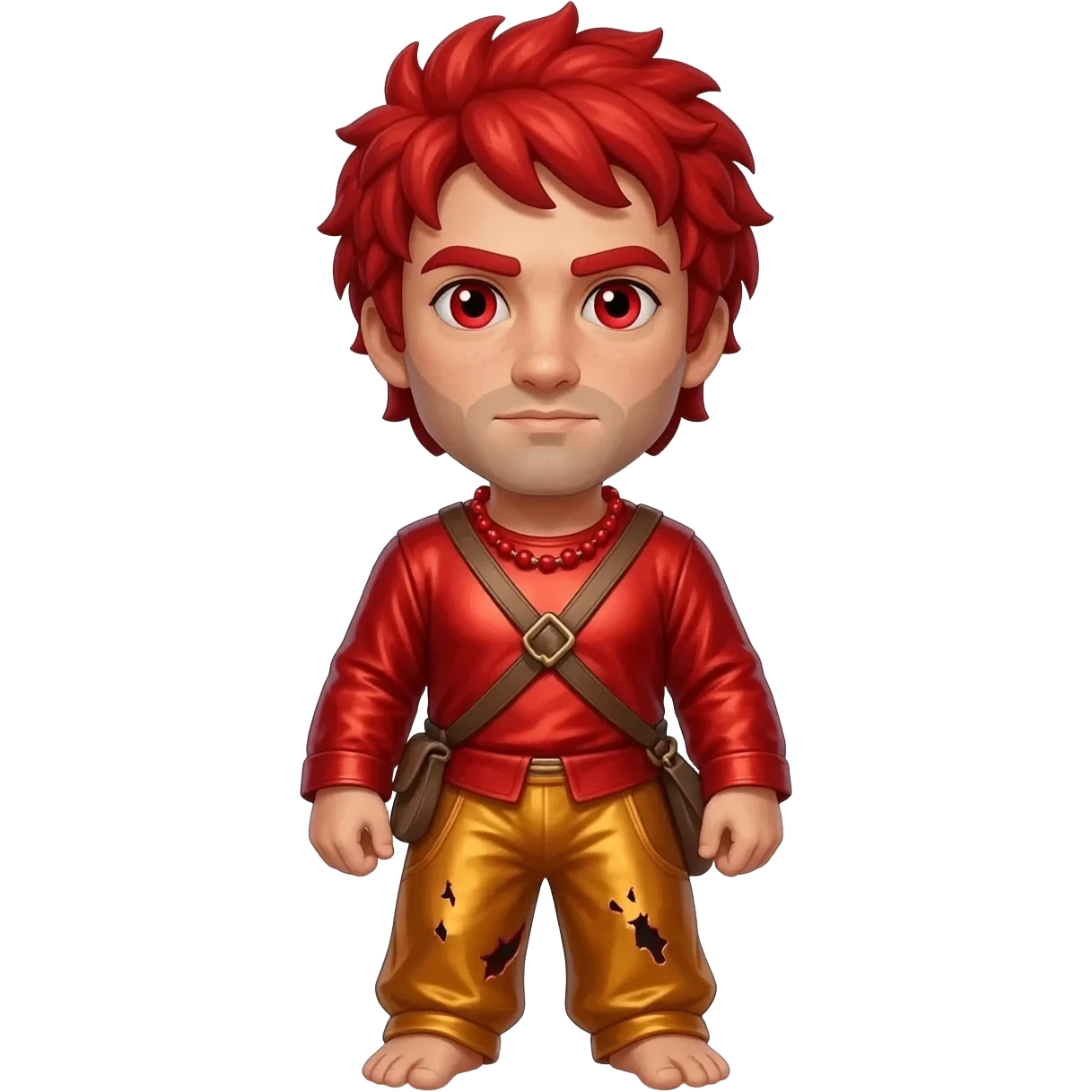 Hephaestus from Greek Mythology with red eyes, red hair, red metallic shirt, burnt orange metallic baggy pants, red necklace emoji