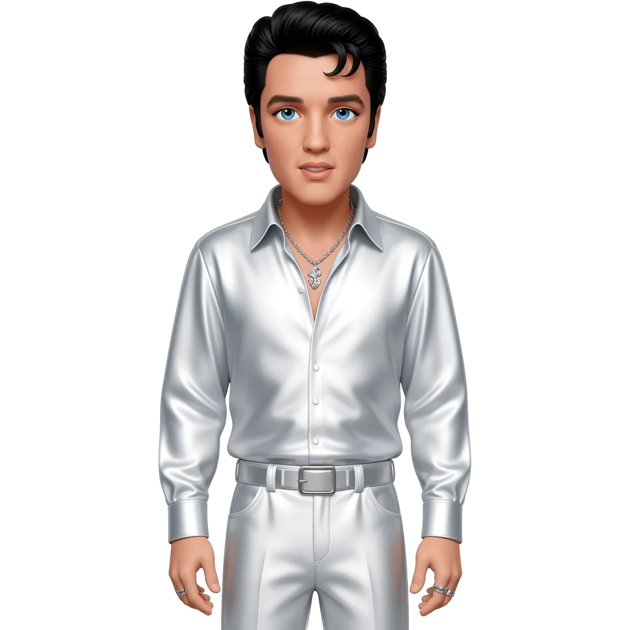 Elvis Presley with blue eyes, black hair, white metallic shirt, white metallic baggy pants, silver necklace emoji