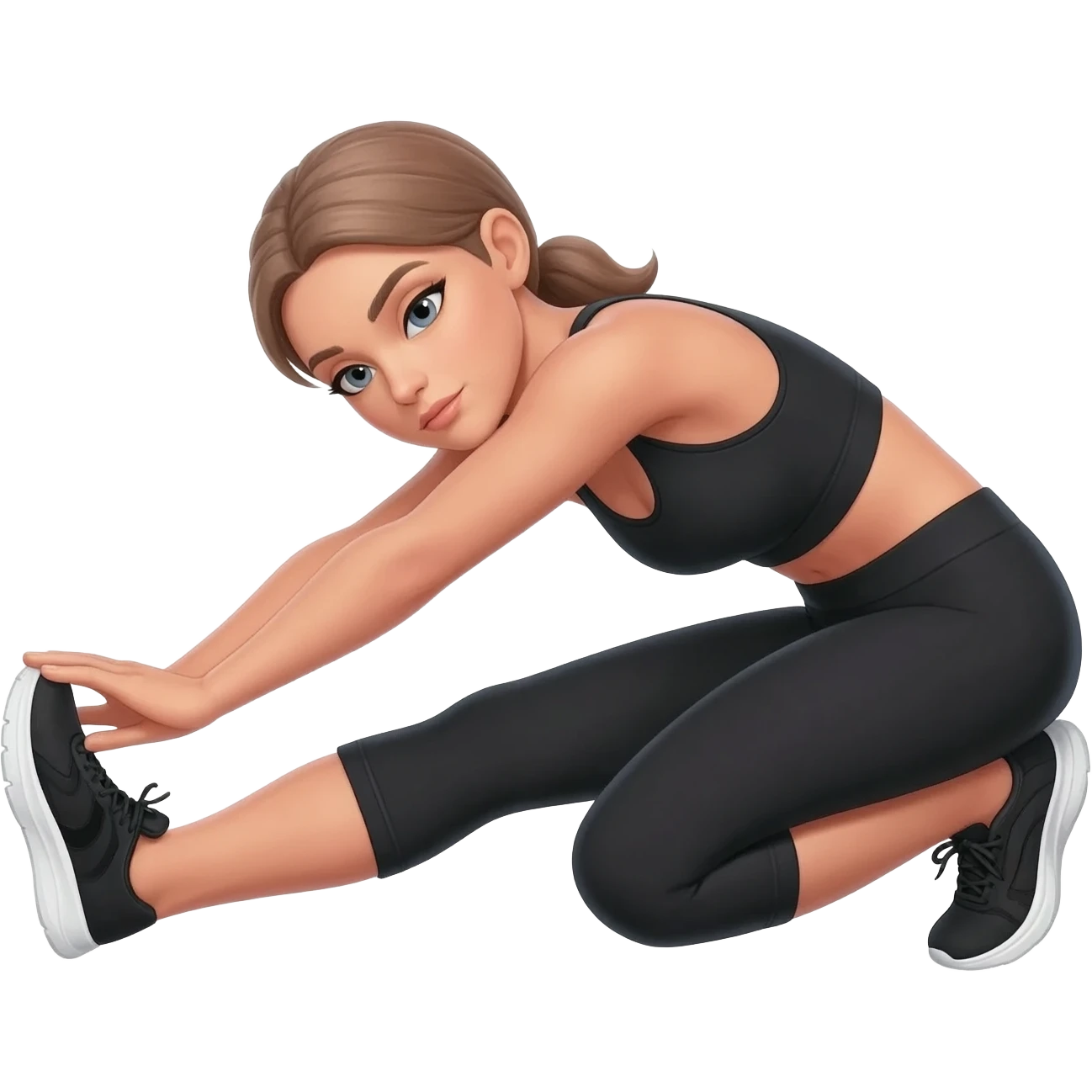 gentle bedtime stretch with sleepy mood, fair-skinned woman, gray-blue eyes, ash brown brows, ash light brown hair tied back, slim athletic body, black workout set, black sneakers with white soles emoji