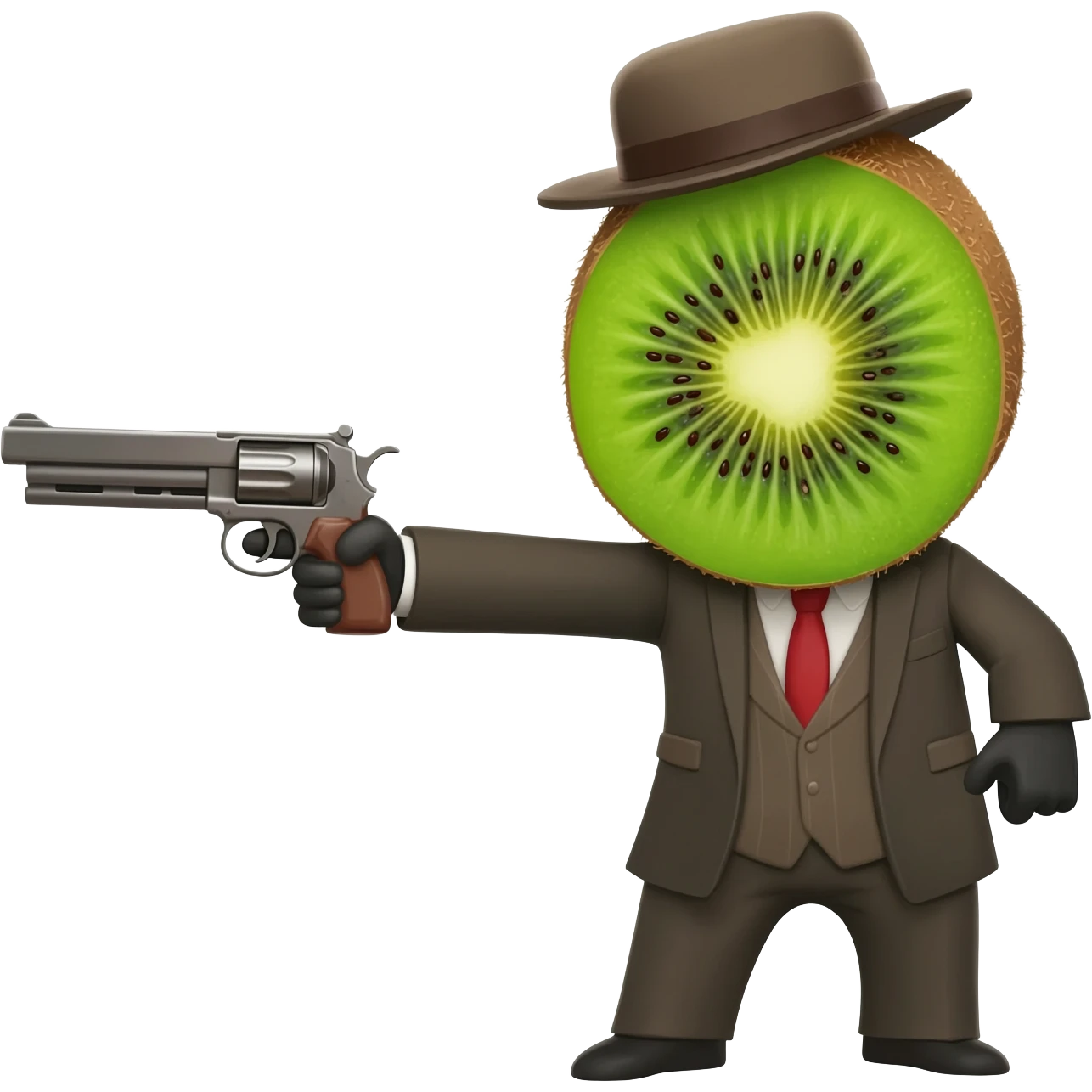 Kiwi wearing suit and a hat holding a gun emoji