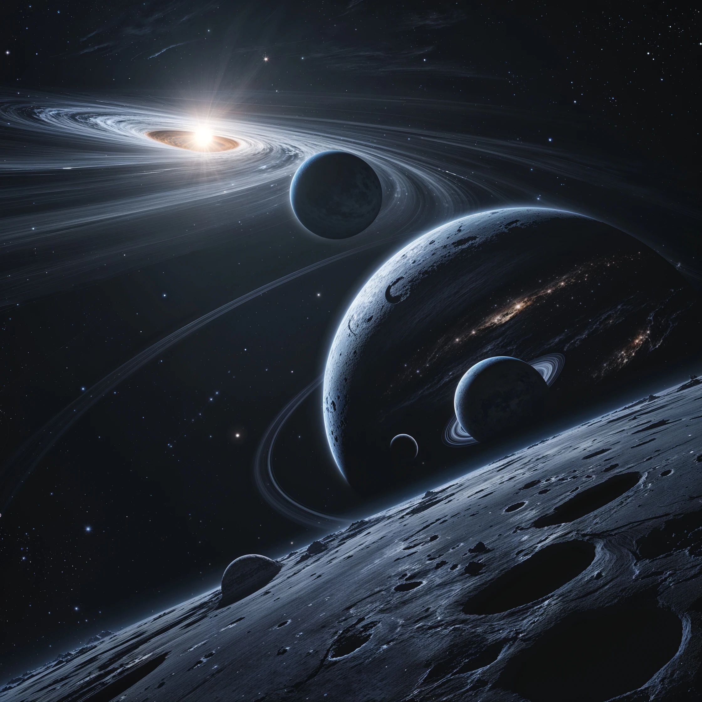 dark cosmic region orbiting black hole. No sunlight. twisted planets and moons circling in quite. Monde Noir looms in the foreground — a cracked, obsidian planet with no atmosphere. moon, Oblieth, nearby, pitted. Stars are distorted by gravitational lensing. emoji