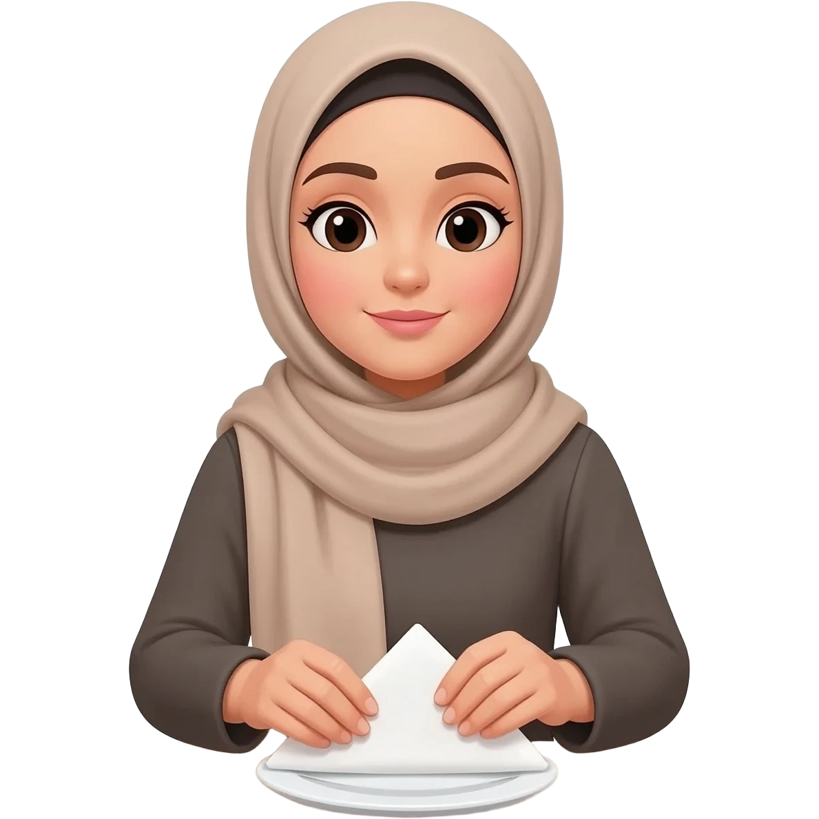 women in hijab folding napkin on table. please neutral scarf emoji