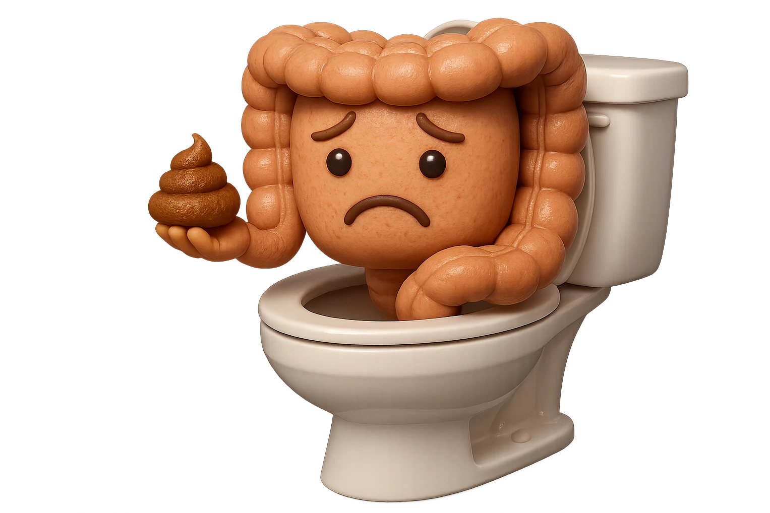 emoji stile iphone di un intestino realistico 3d che esce dal wc con in mano una montagnetta di feci con espressione triste a palline, iperrealistico 4k emoji