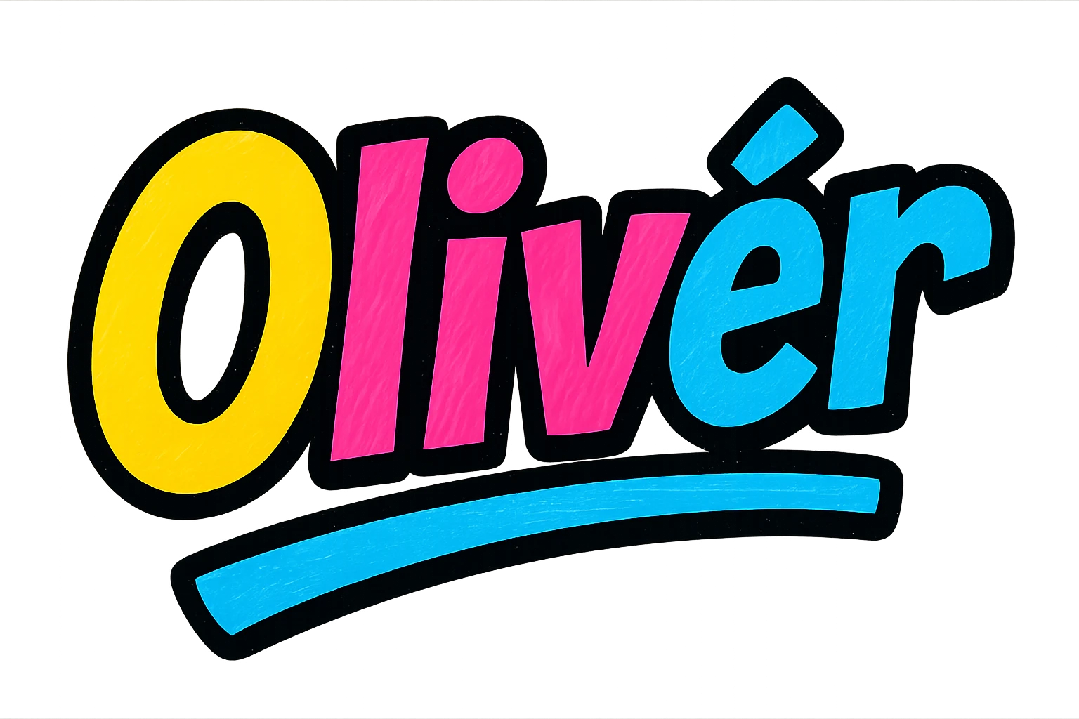 The name 'Olivér' in a modern, colorful gradient font with a dark outline, dynamic, slanted or partial underline, in the style of reference patterns. emoji