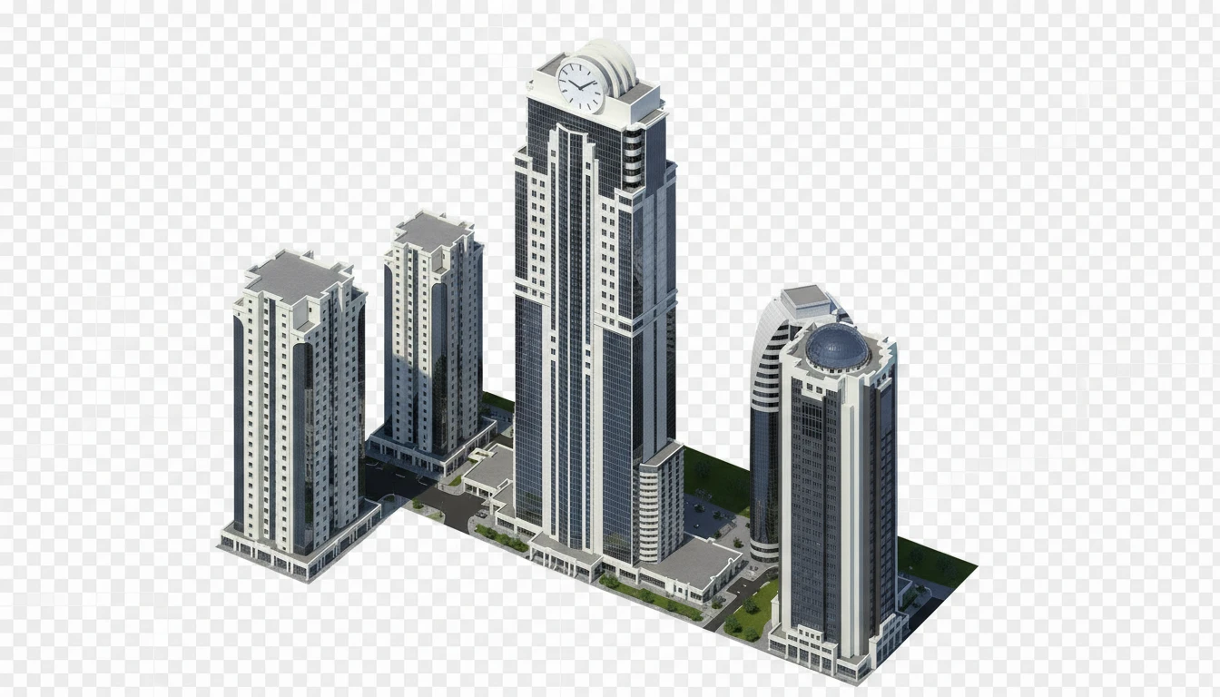 Изометричная, яркая, детализированная, объемная и фотореалистичная иллюстрация Башни «Феникс» в Грозном. Чёткие контуры, не размазанные линии, высокое качество, прозрачный фон, не обрезать края картинки emoji