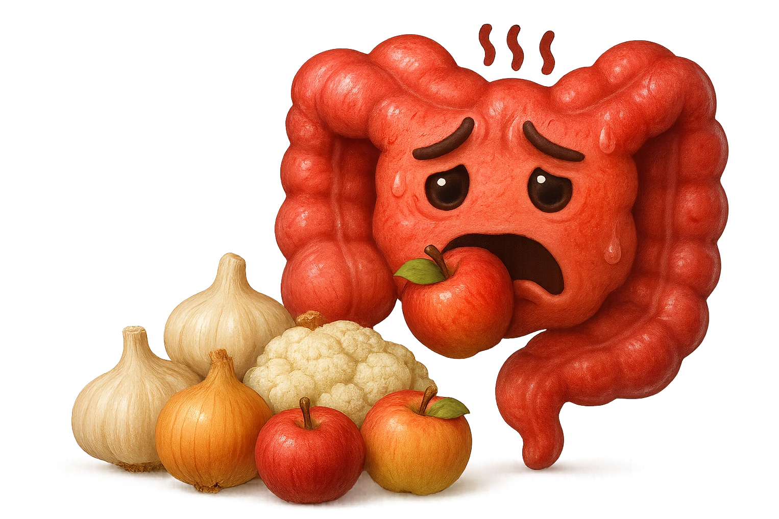 EMOJI STILE IPHONE DI UN INTESTINO UMANO IN CRISI PERCHé STA MALE, IN BOCCA HA UNA MELA E DAVANTI A LUI C'è UNA MONTAGNA DI aglio, cipolle, cavolfiore e mele, IPERREALISTICO 4K emoji