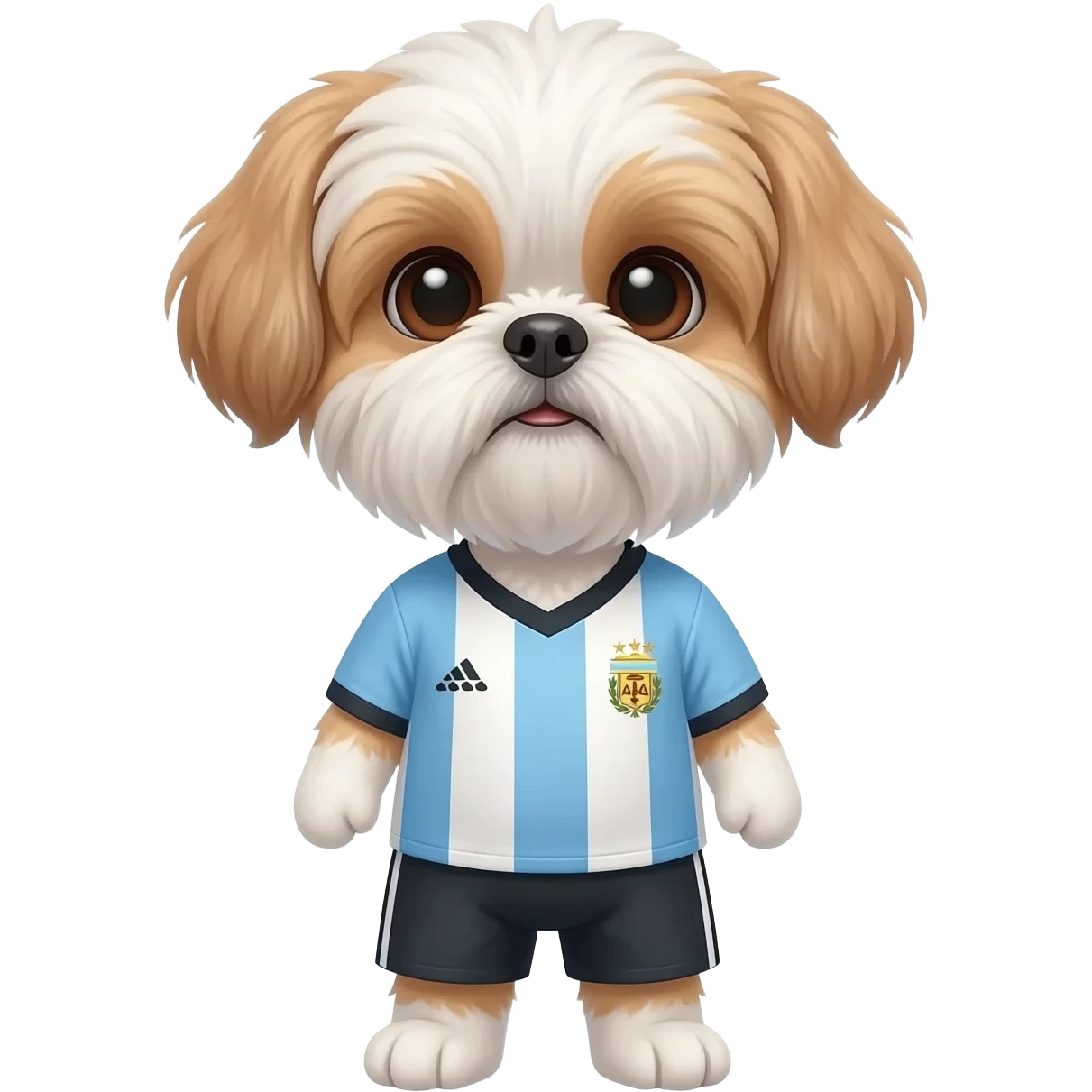 white and light brown shih zhu wearing a Argentina Light blue and whitesoccer jersey v neck 2026 work cup emoji