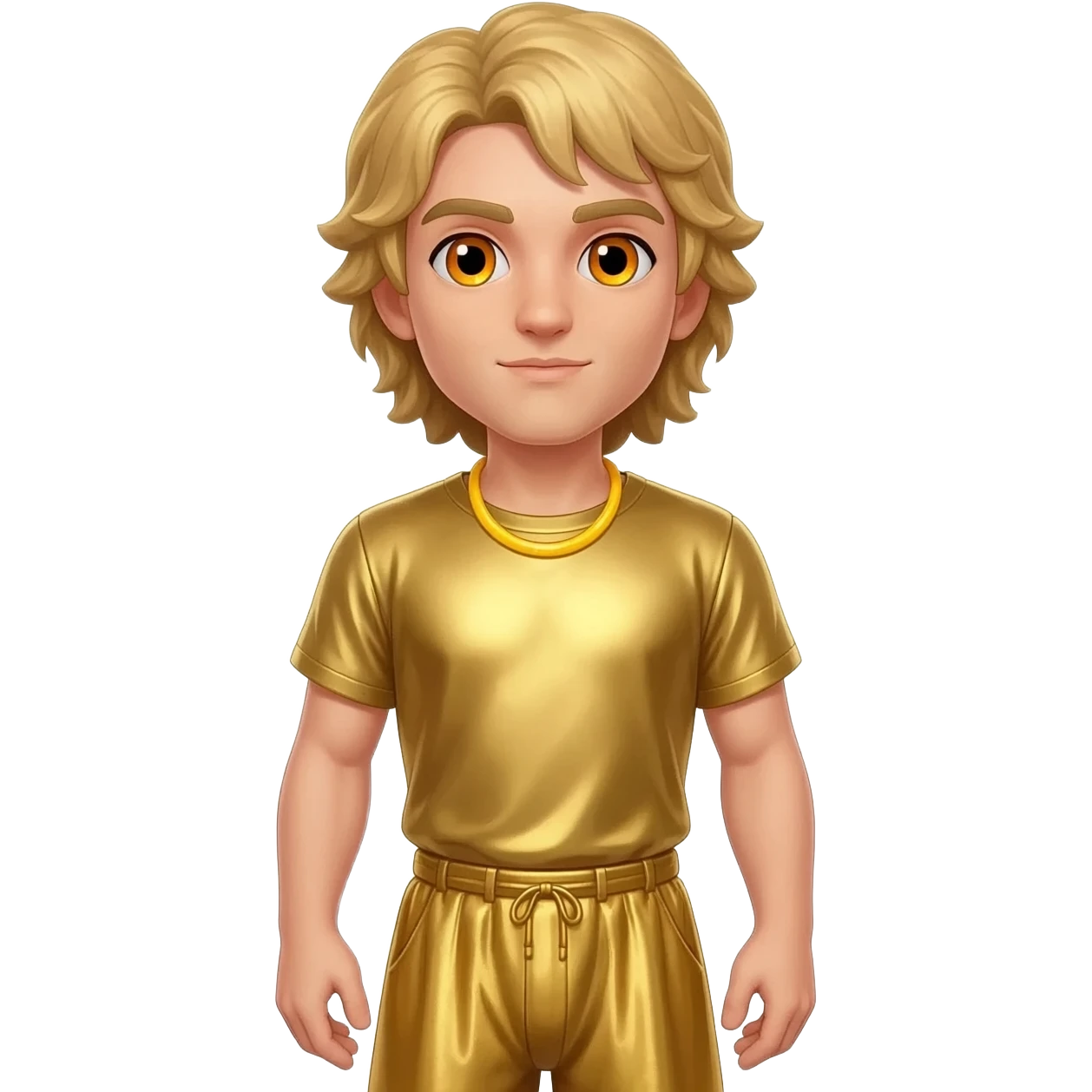 Apollo from Greek Mythology with amber eyes, long blonde hair, gold metallic shirt, gold metallic baggy pants, yellow necklace emoji
