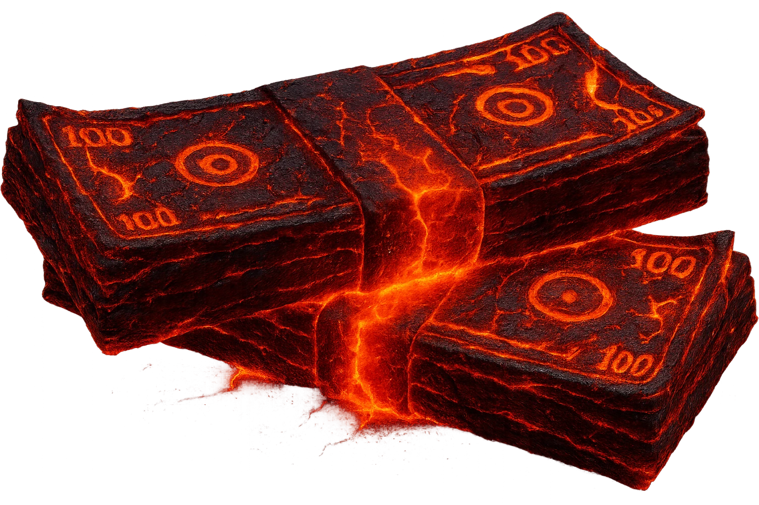 Transform the stack of money into lava money: make the bills appear to be melting and turning into glowing, molten lava with realistic textures and dramatic lighting. Keep the background transparent. The style should reflect a realistic molten lava effect with glowing and melting details. emoji