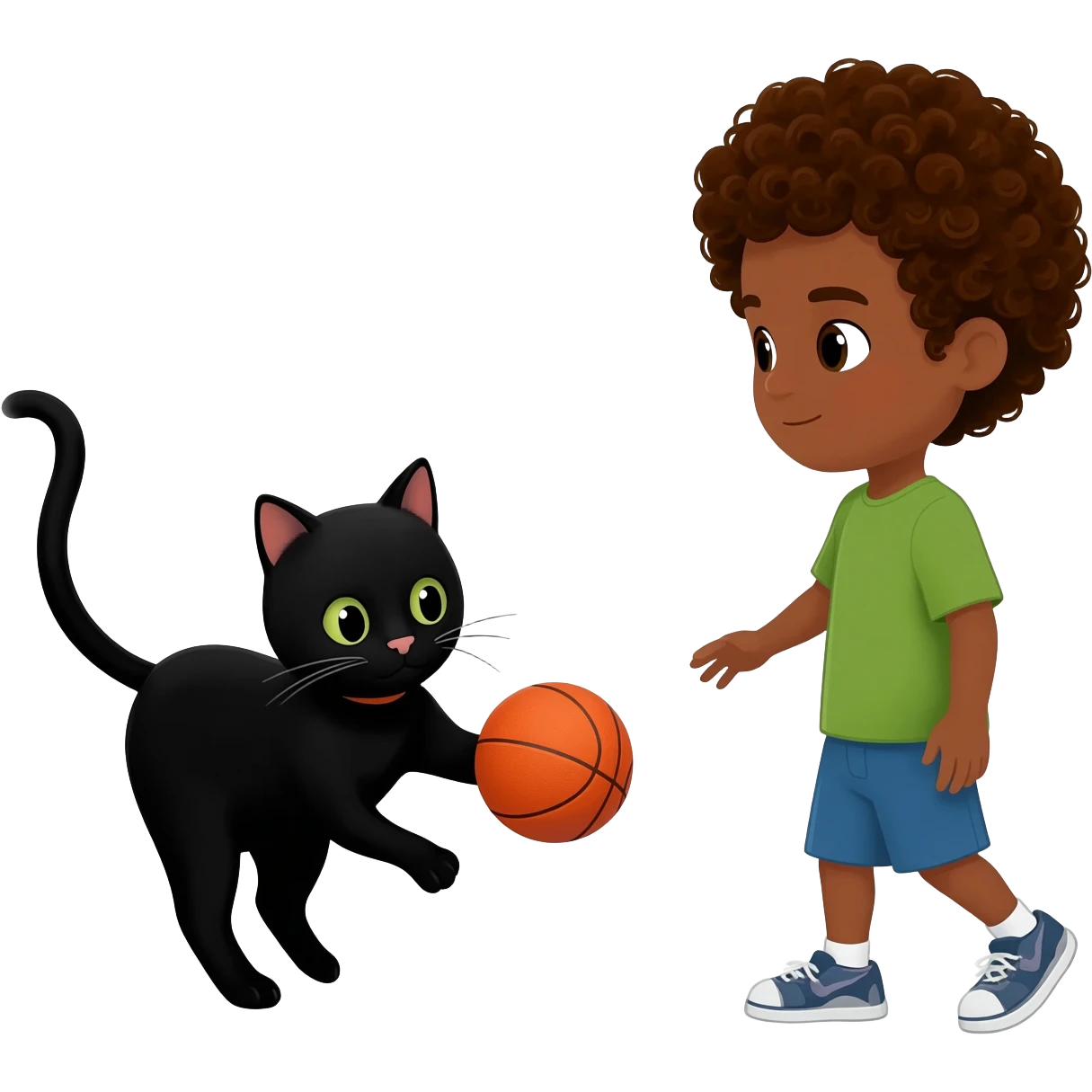 Black cat playing with orange basketball and a little boy with curly hair emoji