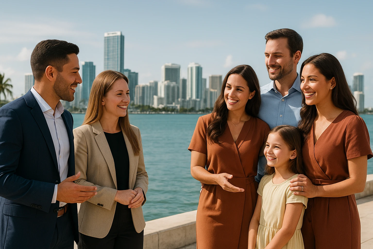 Foto hiper realista que refleje a nuestro cliente ideal de real estate: Profesionales y familias en transición Que desean mudarse a Miami o adquirir una segunda residencia, guiados por un equipo que habla su idioma —literal y figurativamente. emoji