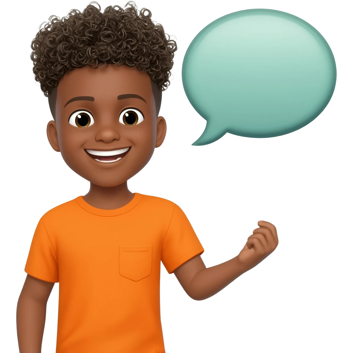 black boy curly hair orange shirt talking talk bubble emoji