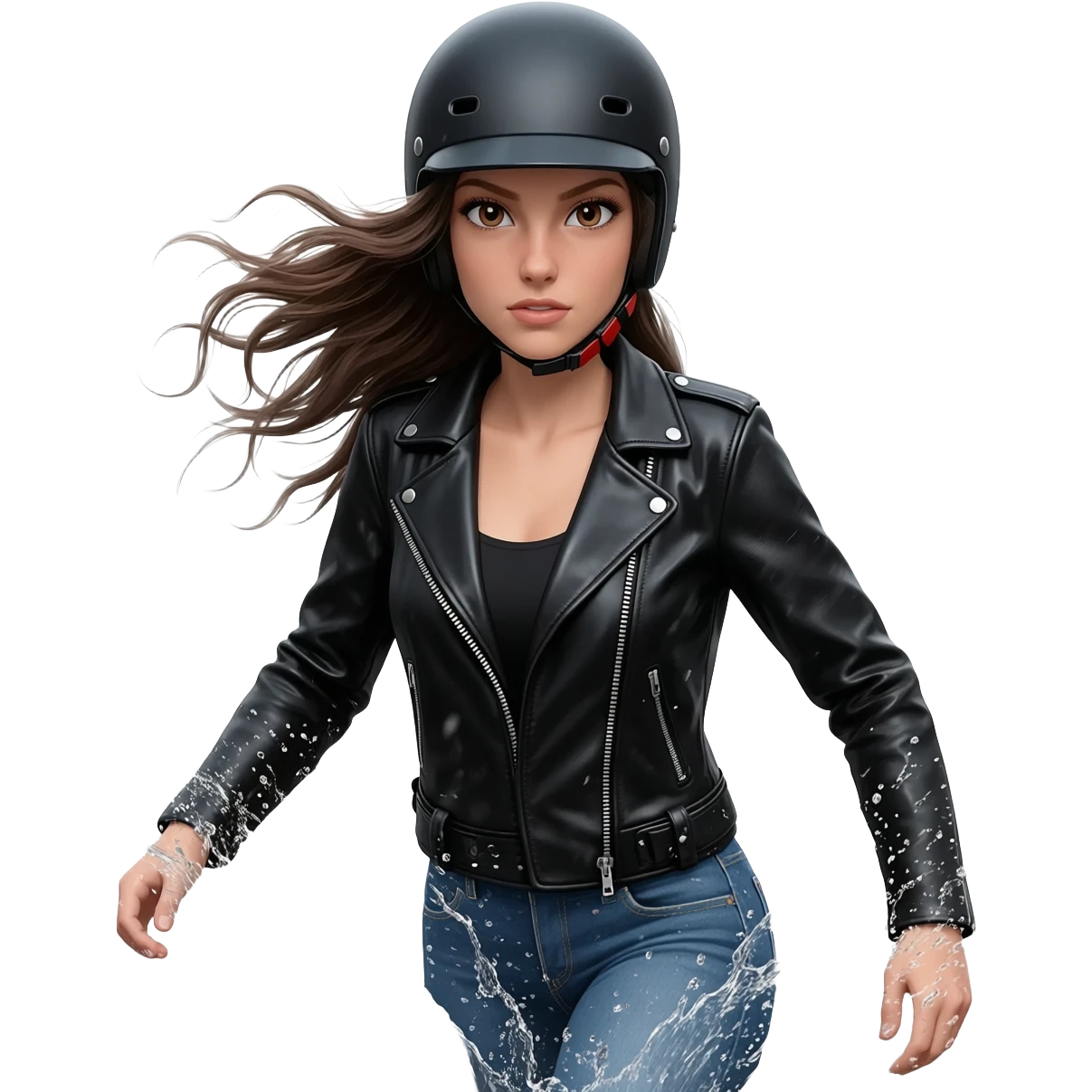 Brunette biker girl splashing through rain emoji