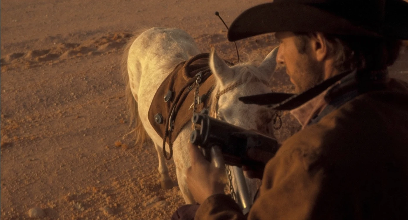 Cinematic , documentary photography, top angle medium shot, cowboy look eye brave, hard light golden hour, desert arizona, shot on arri alexa, 80s movie emoji