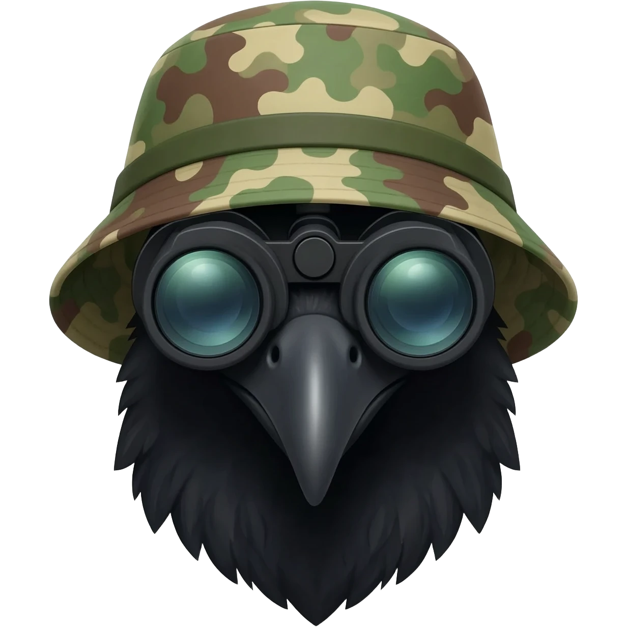 A raven from shoulders up and from 45 degrees, wearing dual tube night vision devices pvs-31 over their eyes and a camoflage Boonie hat emoji