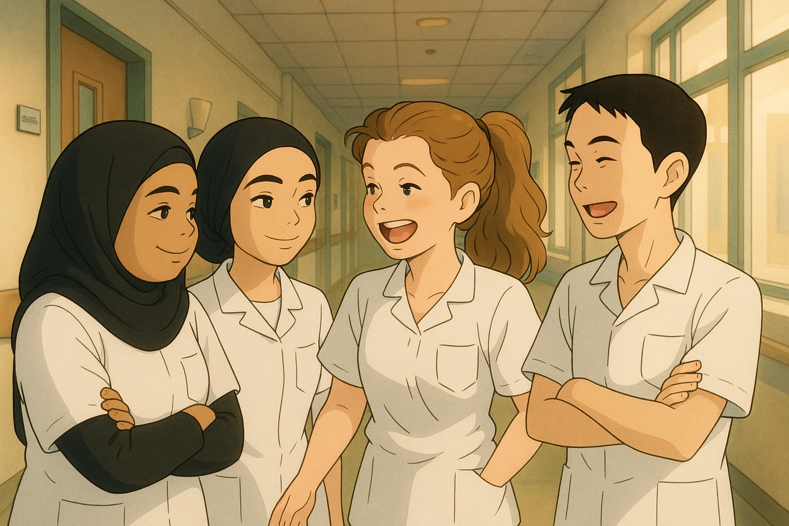 Four nursing students, Ghibli style, inspired by the photos, laughing and chatting in a hospital corridor. They wear short-sleeved white uniforms with V-neck medical tunics, left chest pocket, no collar stand, no stethoscopes, bare forearms, and long hair tied back for those who have it. The atmosphere is friendly and relaxed. emoji
