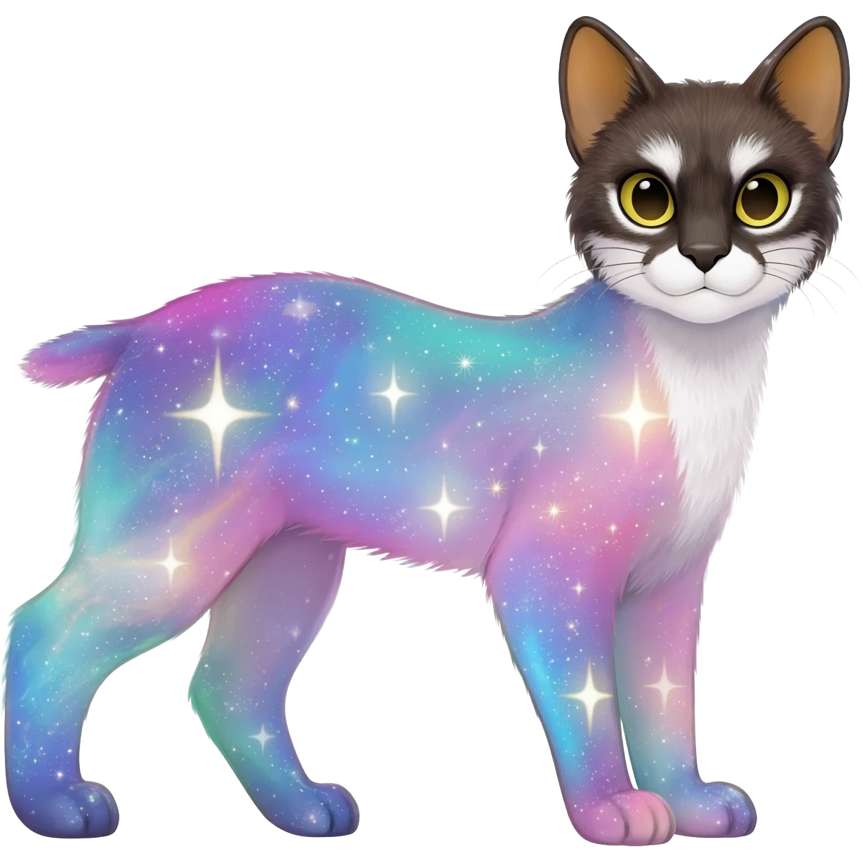 Colorful nebulae nebula starry galactical shiny tropical pale light fruity pastel white glorious iridescent divine exotic cute cool beautiful realistic antasy-caracal-civet-genet-sergal-vernid-Cacomistle-Trico-oncilla-animal-Fakémon-hybrid-fursona (full body) emoji