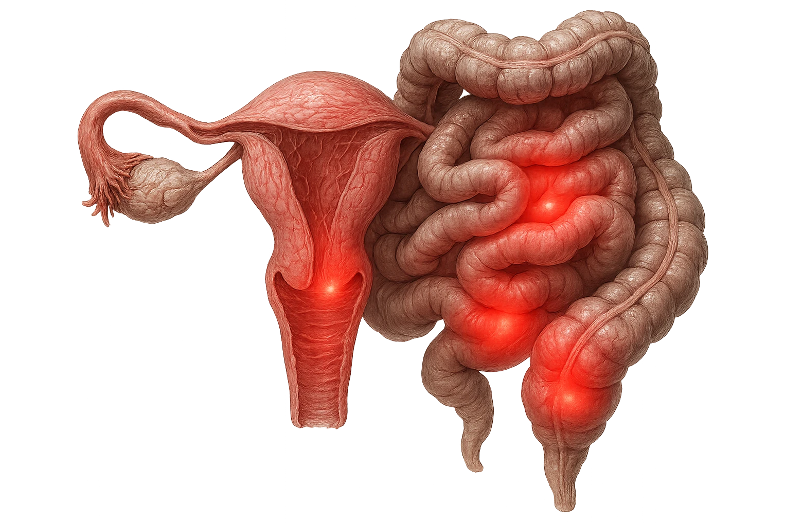 utero umano anatomico iperrealistico e intestino umano anatomico iperrealistico hanno in comune il dolore e l'infiammazione, rendi bene il collegamento tra i due organi doloranti emoji