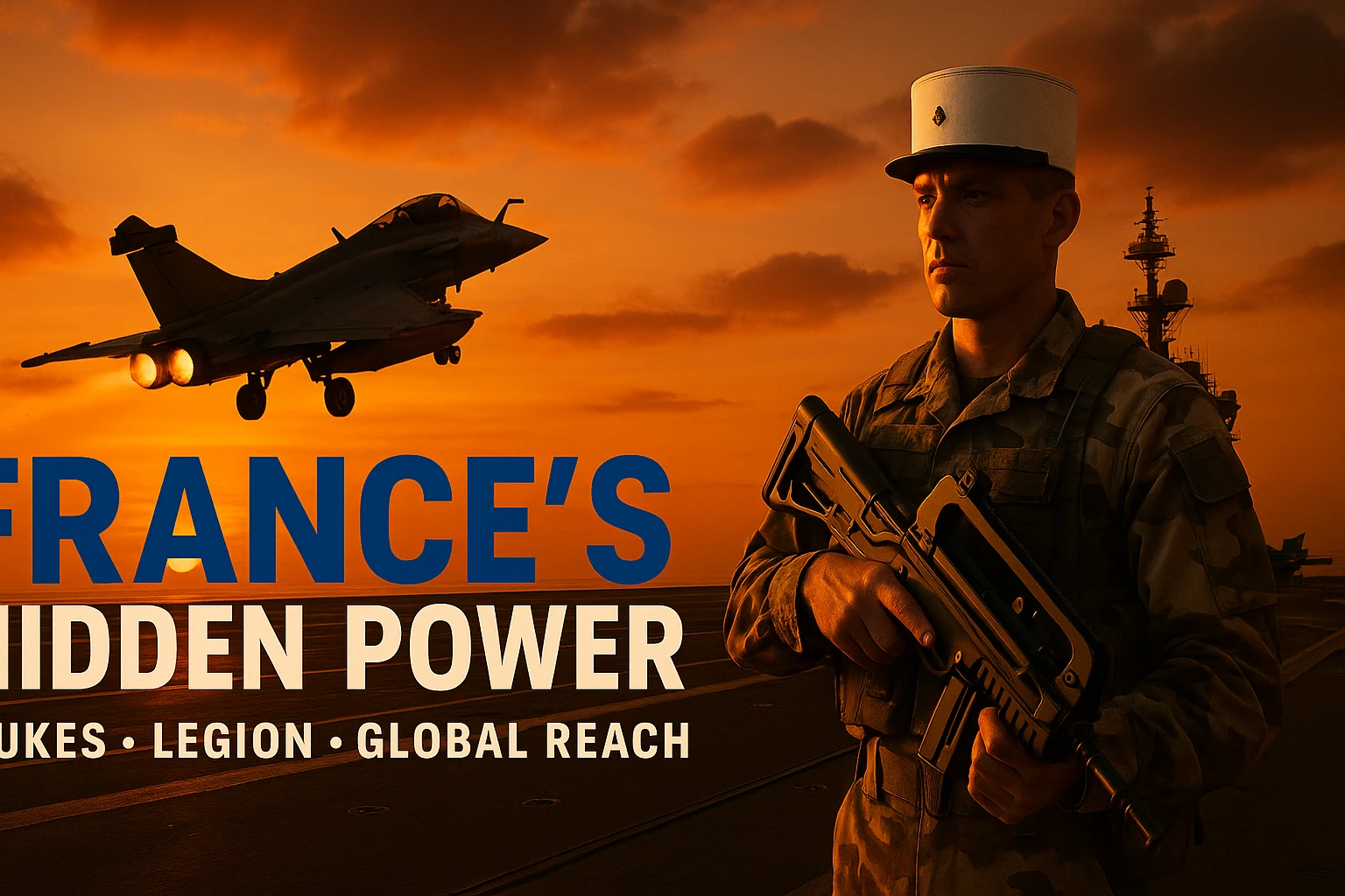 Dramatic dusk shot in 16:9 ratio: Rafale jet launching from Charles de Gaulle carrier with an orange sunset glow. Foreground: Foreign Legionnaire in desert camo holding a futuristic rifle. Bold tricolor text: ‘FRANCE’S HIDDEN POWER’. Subtext: ‘Nukes • Legion • Global Reach’. Epic composition, 8K resolution, cinematic and epic style. emoji