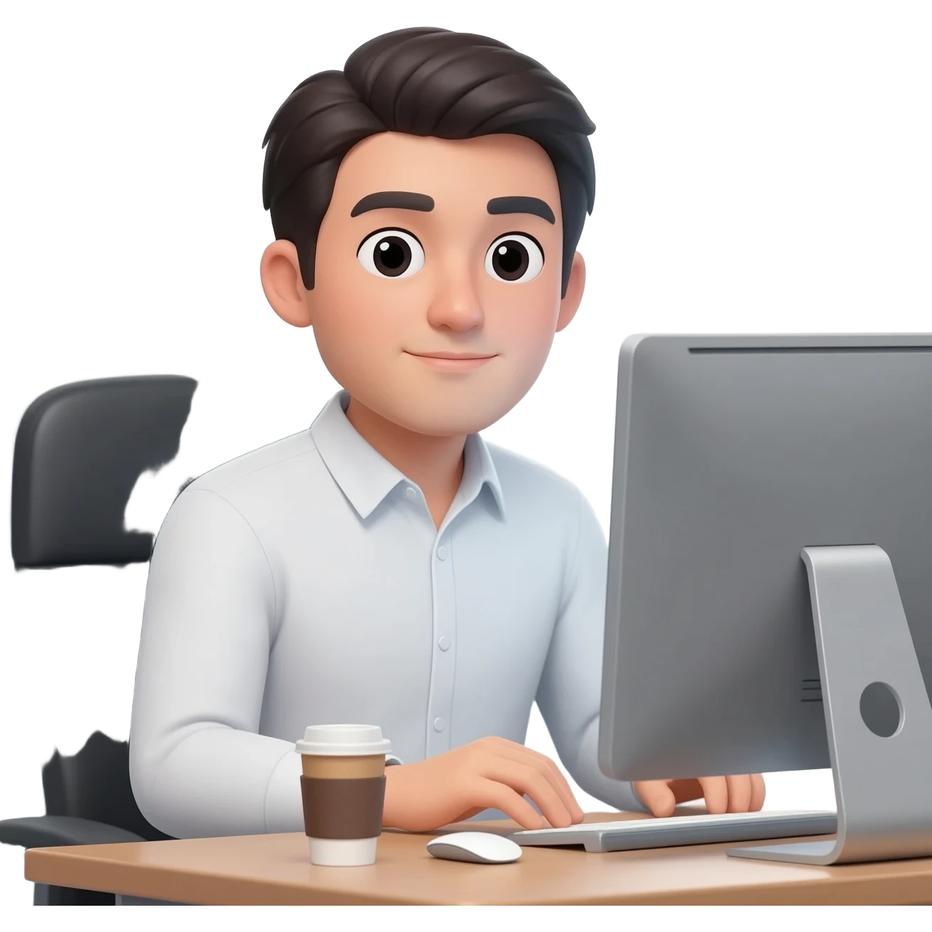 Hombre camisa manga larga en escritorio con pc sin taza de cafe emoji