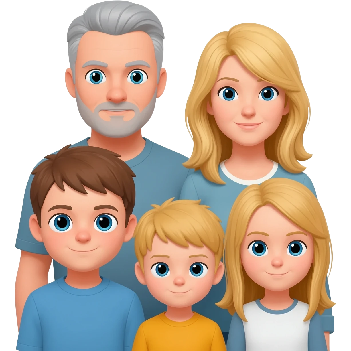 1 father with Grey hair  1 mother with blond hair, 1 big boy dank hair blue eyes, 1 smaller boy with blond hair and Brown eyes, 1 Girls with long blond hair and blue eyes emoji